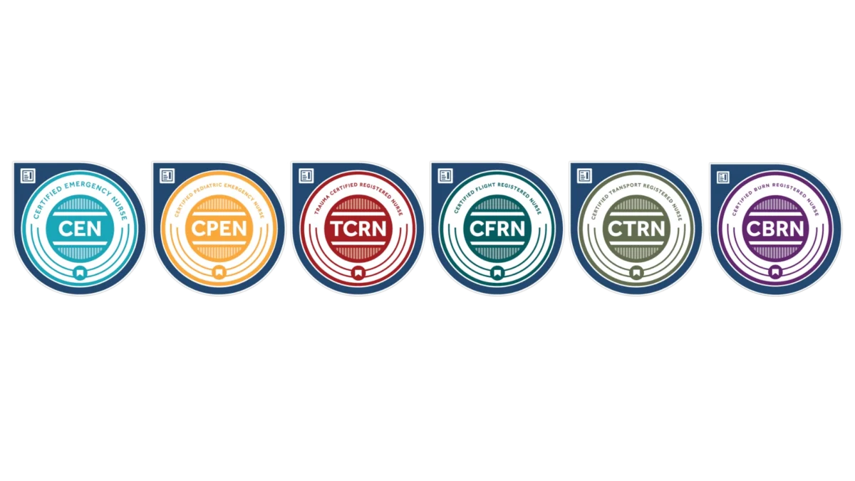 Six circular certification badges labeled CEN, CPEN, TCRN, CFRN, CTRN, and CBRN, each in different colors, displayed in a horizontal row on a white background.