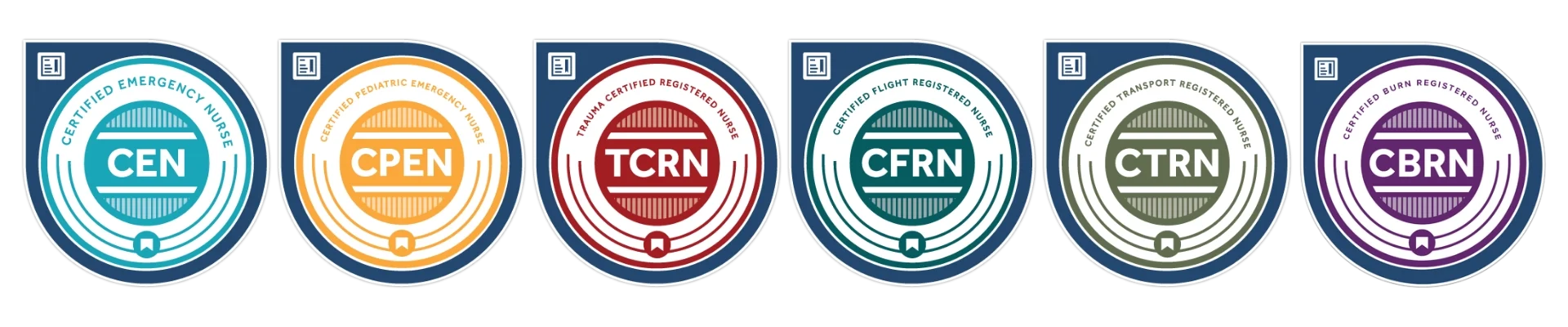 Six round certification badges in various colors, each labeled with distinct nursing credentials: CEN, CPEN, TCRN, CFRN, CTRN, and CBRN, displayed in a horizontal row.