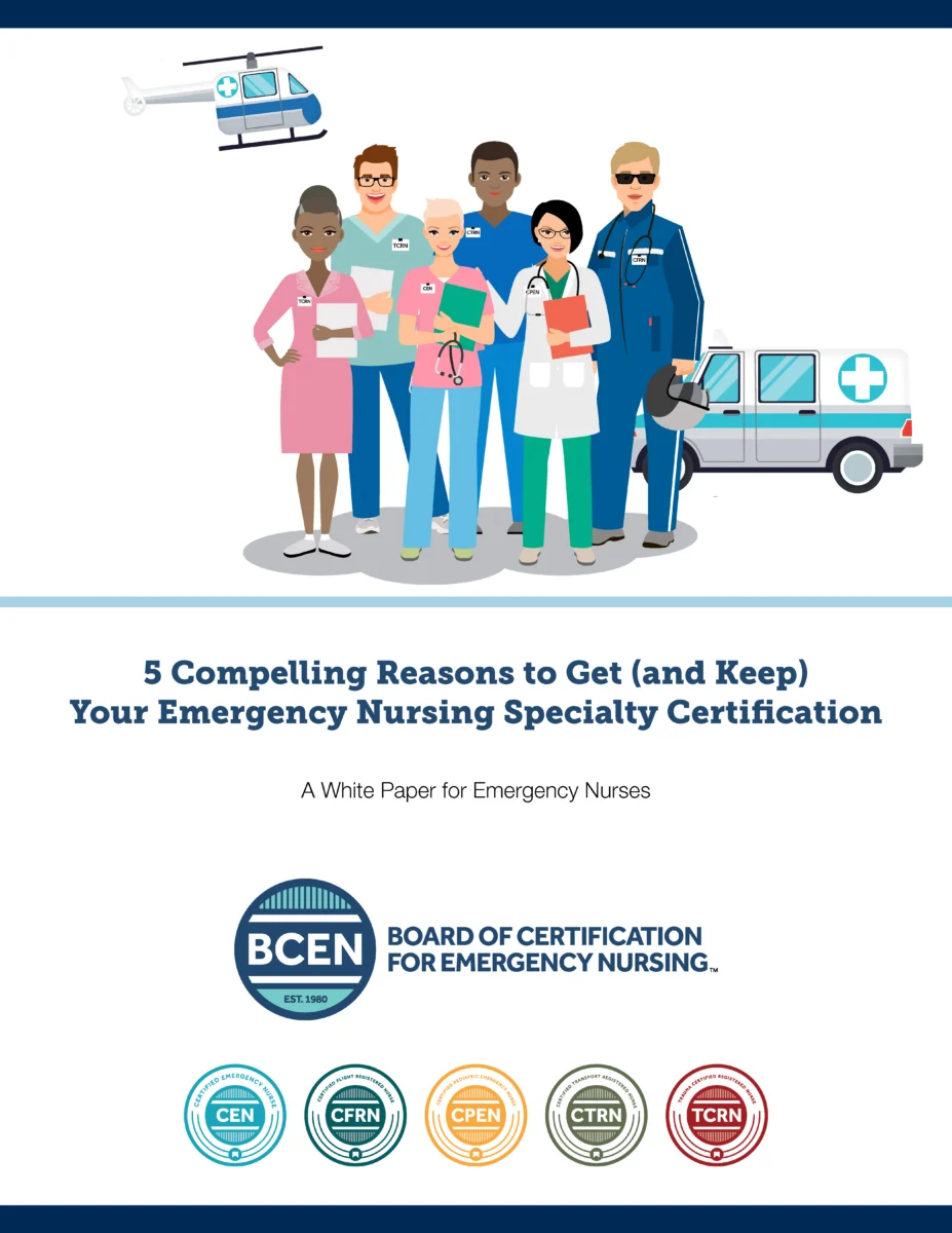 Illustration of diverse emergency medical professionals standing together, with a helicopter and ambulance in the background; BCEN logos and certification badges shown below.