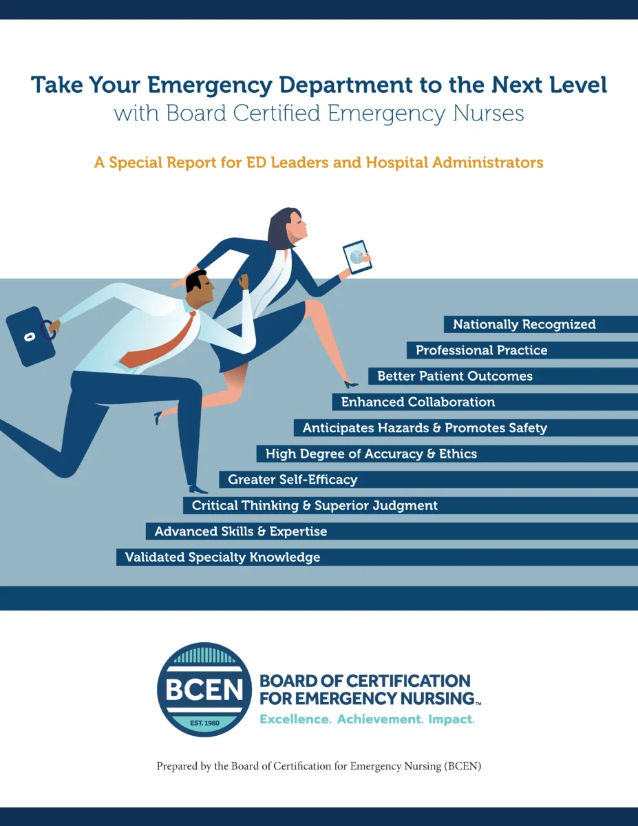 Two professional figures run up stairs labeled with emergency nursing benefits, under the title “Take Your Emergency Department to the Next Level” from the Board of Certification for Emergency Nursing.