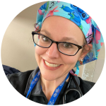 Amy Somers headshot, smiling and wearing a scrub cap with cartoons on it.