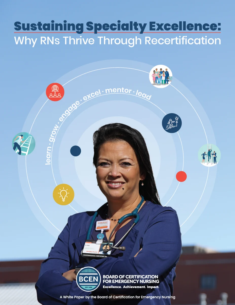 A nurse stands confidently outdoors with medical icons and text about RN recertification benefits in the background. Text reads: "Sustaining Specialty Excellence: Why RNs Thrive Through Recertification.