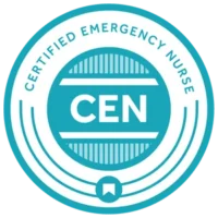 Certified Emergency Nurse (CEN) badge in teal and white, featuring centered "CEN" text and decorative lines and circle designs.