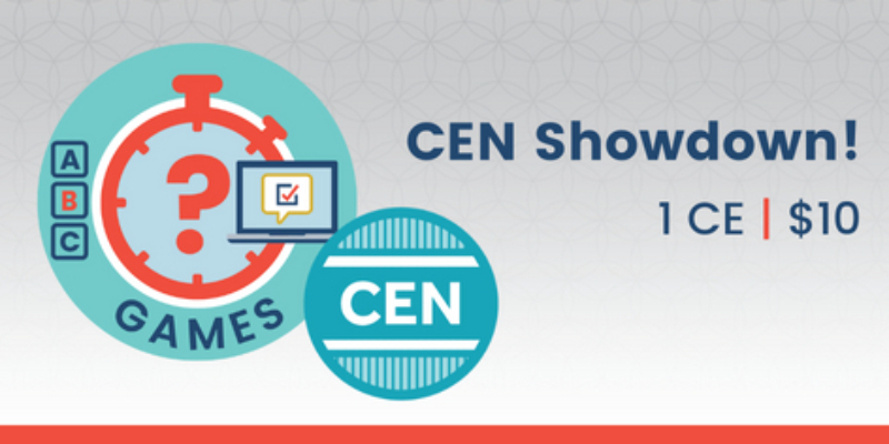 Graphic for "CEN Showdown!" featuring game icons, a stopwatch, a laptop, and text noting 1 CE for $10.