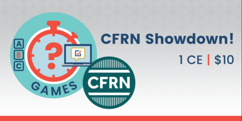 Illustration with a stopwatch, ABC blocks, laptop, and CFRN logo. Text reads "CFRN Showdown! 1 CE | $10.