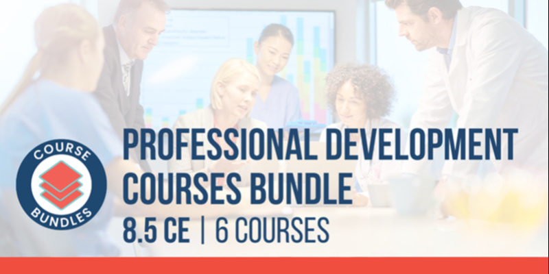 A group of professionals in a meeting room with text overlay: "Professional Development Courses Bundle, 8.5 CE, 6 Courses" and a course bundles icon.