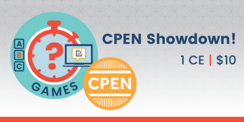 Illustration with a stopwatch, ABC blocks, and a laptop, next to text reading "CPEN Showdown! 1 CE | $10" and a CPEN badge on a patterned background.