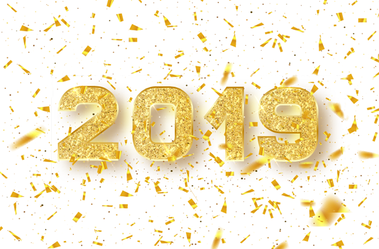 Gold glitter numbers "2019" with gold confetti scattered on a white background.