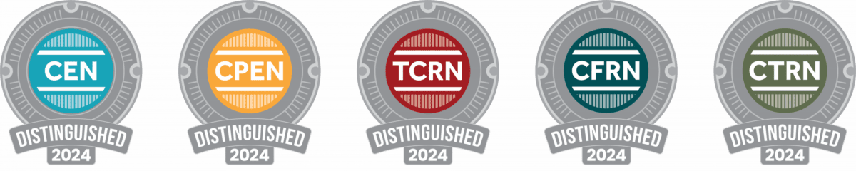 Five distinguished 2024 badges for CEN, CPEN, TCRN, CFRN, and CTRN certifications are displayed in different colors.