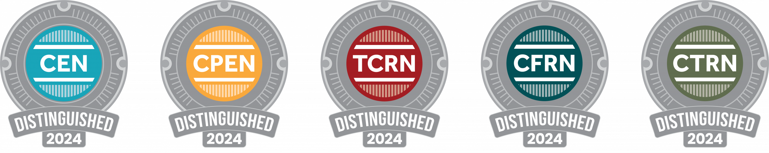 Five distinguished 2024 badges for CEN, CPEN, TCRN, CFRN, and CTRN certifications are displayed in different colors.