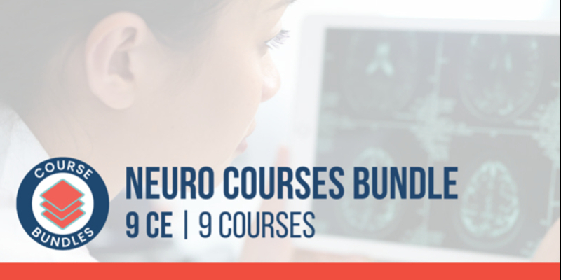 A person looks at brain scan images on a monitor. Text reads: "Neuro Courses Bundle, 9 CE | 9 Courses" with a course bundle icon in the corner.