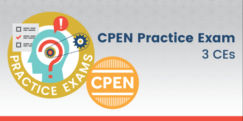 Circular "Practice Exams" badge with gears and question mark, text "CPEN Practice Exam 3 CEs" on the right, and an orange CPEN logo below.