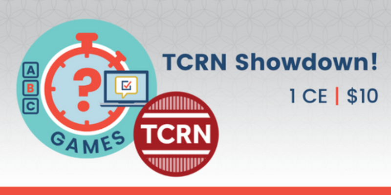 Illustration of a stopwatch, laptop, and "TCRN" logo with text: "TCRN Showdown! 1 CE | $10" and "Games" on a patterned background.