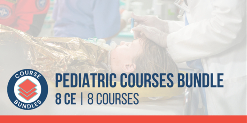 A medical professional treats a child in a hospital setting. Text reads: "Pediatric Courses Bundle, 8 CE, 8 Courses." A course bundles logo appears on the left.