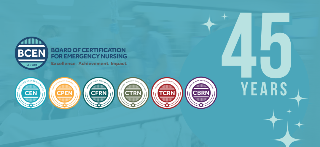 BCEN 45 years anniversary banner with organization logo, six certification badges, and the text "45 Years" on a blue background.