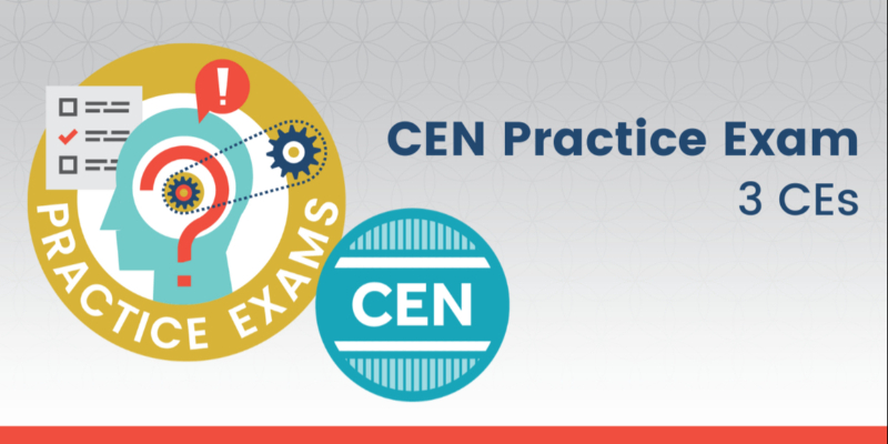 Illustration of a head with gears and question mark labeled "Practice Exams" next to text reading "CEN Practice Exam 3 CEs" with a circular CEN logo.