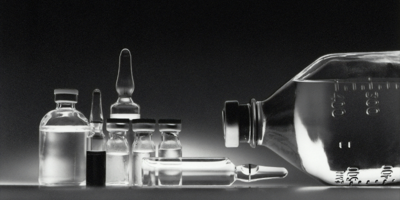 Assorted glass vials, ampoules, and a large IV fluid bag arranged on a plain surface with a dark background.