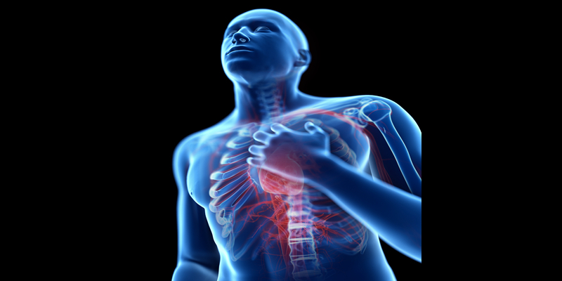 Digital illustration of a human figure clutching their chest, with highlighted heart and chest area to indicate chest pain or possible heart-related issue.