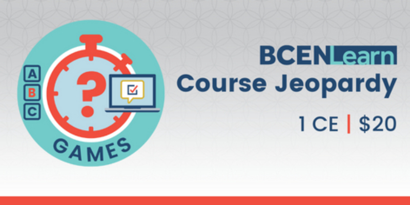 A promotional graphic for BCEN Learn Course Jeopardy, featuring a stopwatch, laptop, and ABC blocks. Text notes 1 CE and a price of $20.