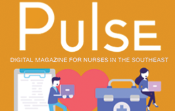 Cover of "Pulse" digital magazine for nurses in the Southeast, featuring illustrations of a clipboard, a heart, a medical kit, and two people using laptops.
