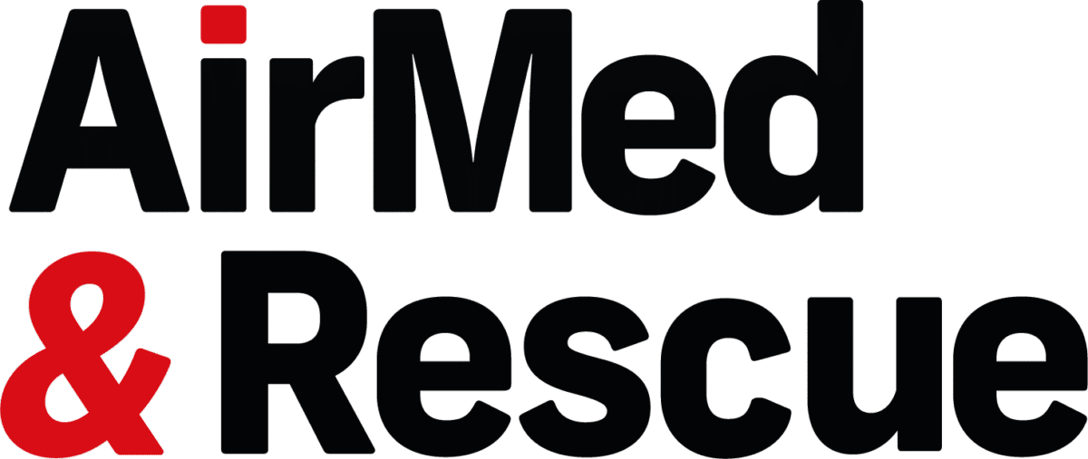 The AirMed & Rescue logo features bold black text with a red ampersand and a red dot above the "i" in "AirMed" on a light background.