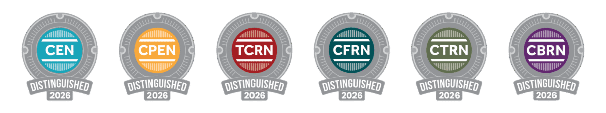 Six circular badges labeled "DISTINGUISHED 2026," each with different acronyms: CEN, CPEN, TCRN, CFRN, CTRN, and CBRN in various colors.