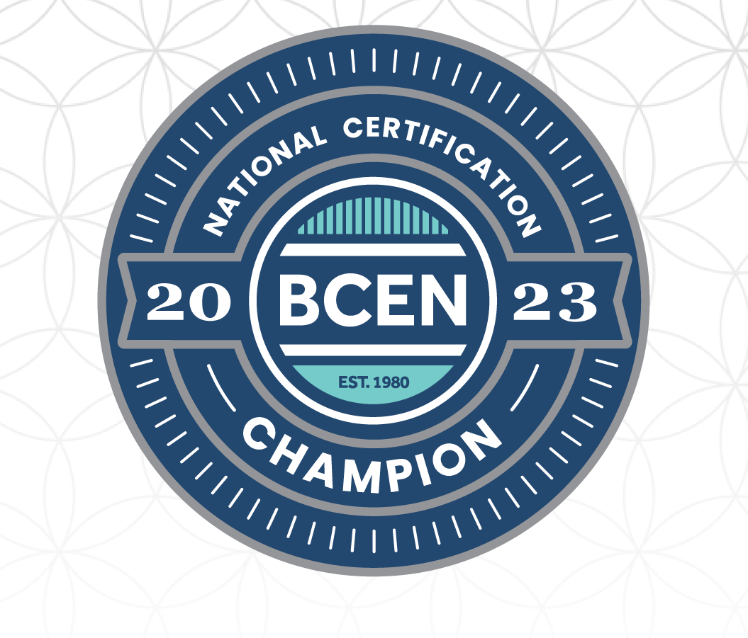 Circular badge with the text "National Certification Champion, BCEN, 2023, Est. 1980" in blue, white, and teal on a patterned background.
