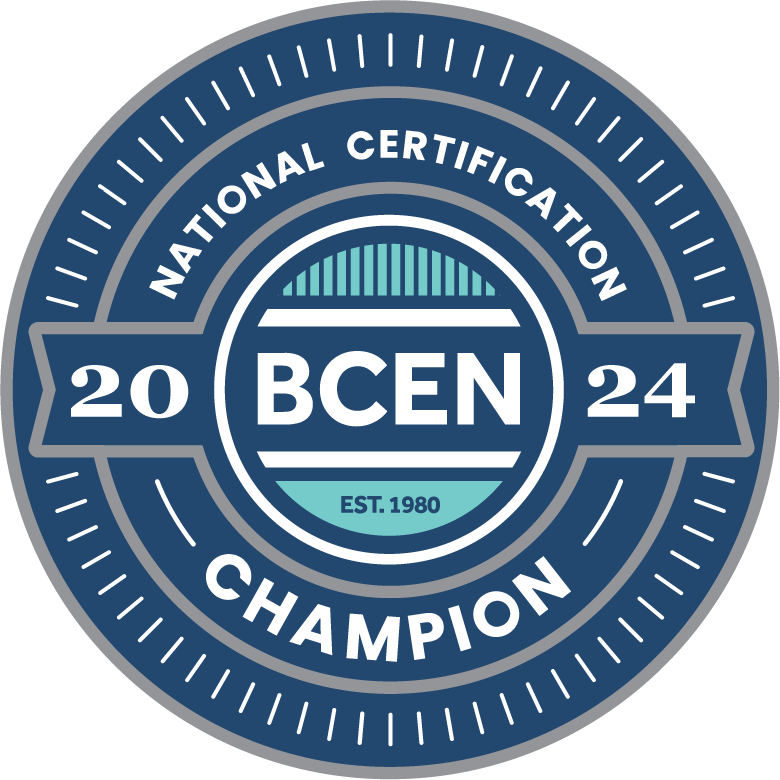 A blue and white circular badge reads "National Certification Champion 2024 BCEN Est.1980" with decorative lines around the edge.