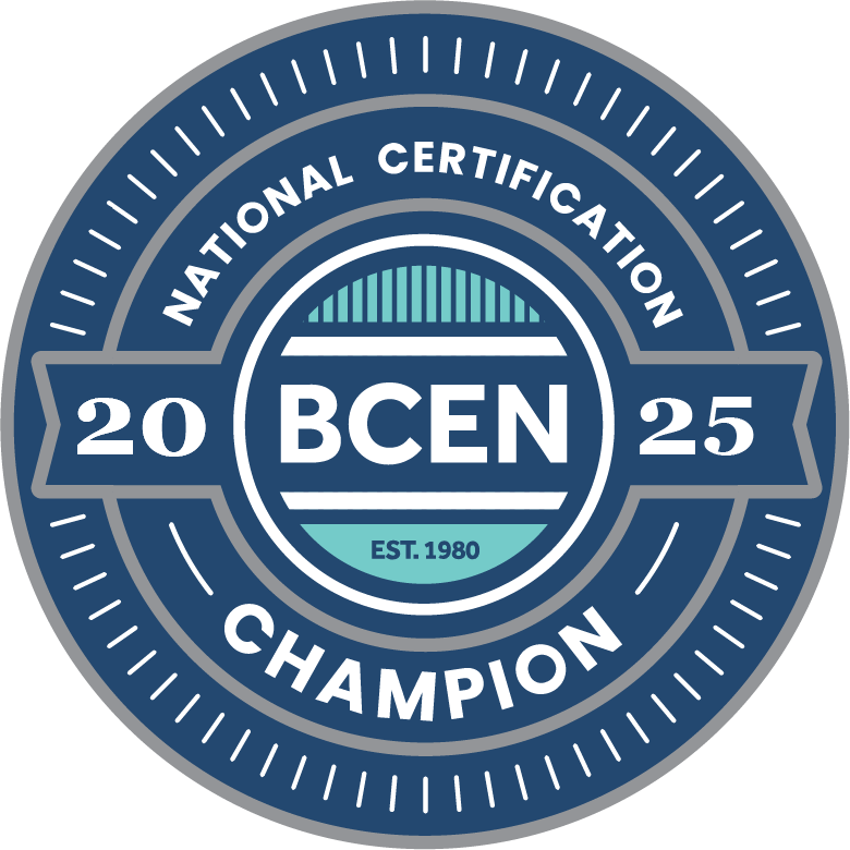 A circular badge with "National Certification Champion 2025" and "BCEN" in the center, along with "Est. 1980," in blue, white, and teal colors.