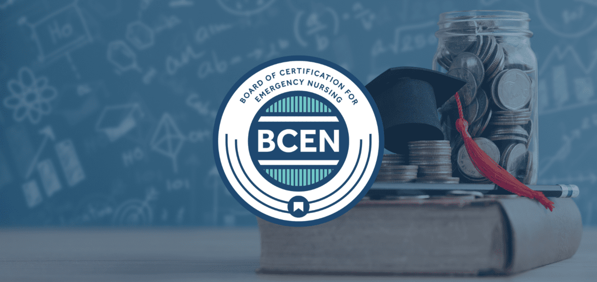 Board of Certification for Emergency Nursing logo overlaid on a background with a graduation cap, coins in a jar, and a book, symbolizing education and financial planning.