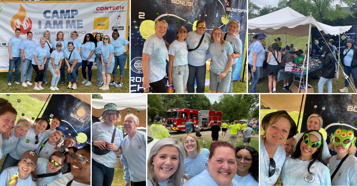 Collage of people at an outdoor event wearing matching light blue shirts, posing for group photos, playing games, and standing near a fire truck and sponsor banner.