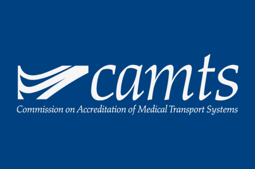 Logo of the Commission on Accreditation of Medical Transport Systems (CAMTS) with white text and a graphic on a blue background.