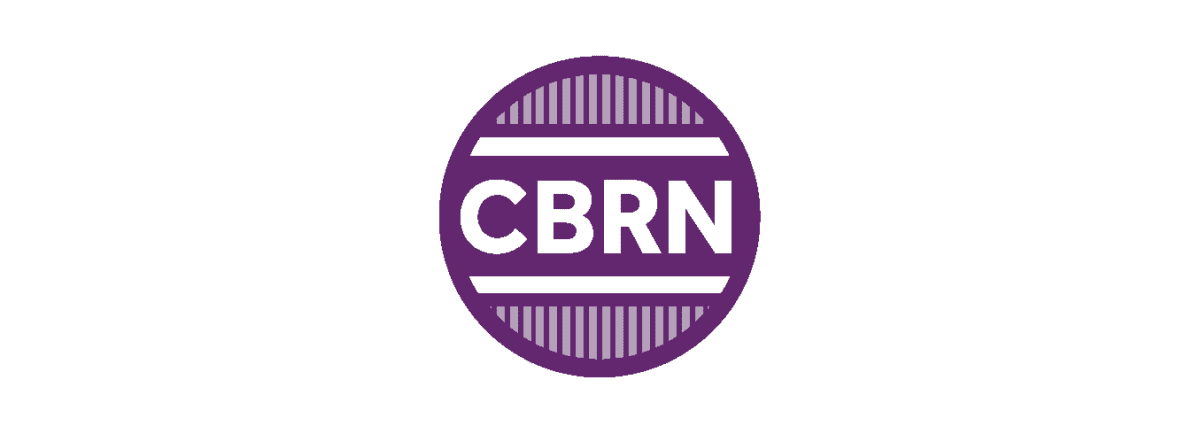 Purple circular logo with the white letters "CBRN" in the center, surrounded by horizontal lines at the top and bottom.