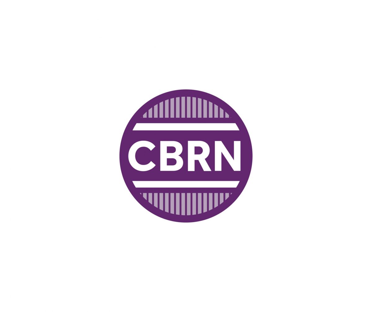 A purple circle with the white letters "CBRN" in the center, featuring horizontal lines above and below the text on a white background.