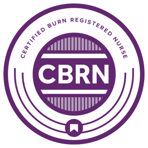 A round purple and white badge with the text "Certified Burn Registered Nurse" and the abbreviation "CBRN" in the center.