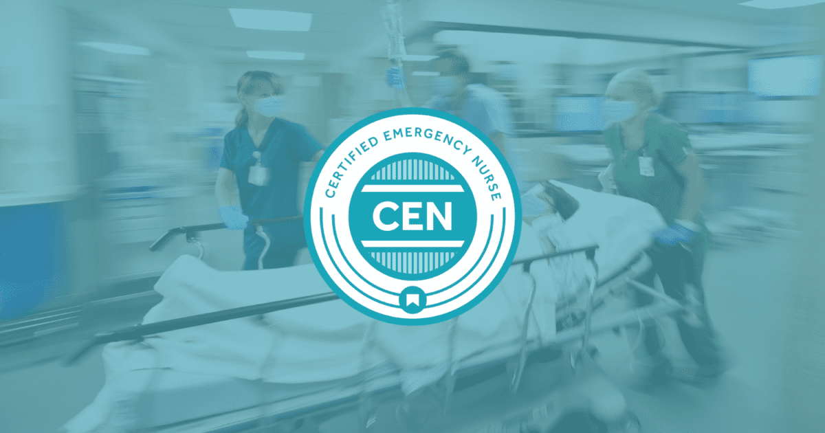 Three medical professionals quickly wheel a patient on a stretcher through a hospital, with a "Certified Emergency Nurse" CEN badge overlayed in the center.