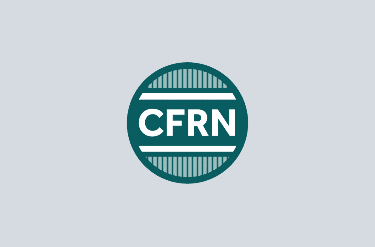A green circular logo with the white letters "CFRN" centered between two horizontal white lines on a light gray background.