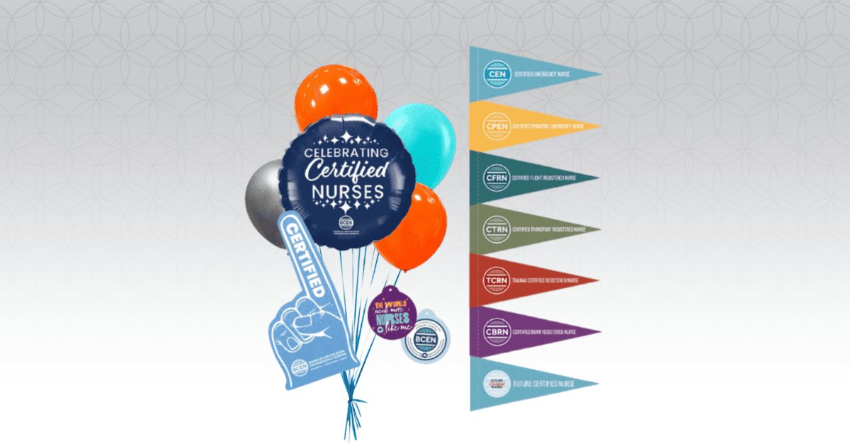 A cluster of colorful balloons and a foam finger celebrate certified nurses, with banners listing different nursing certifications on the right.