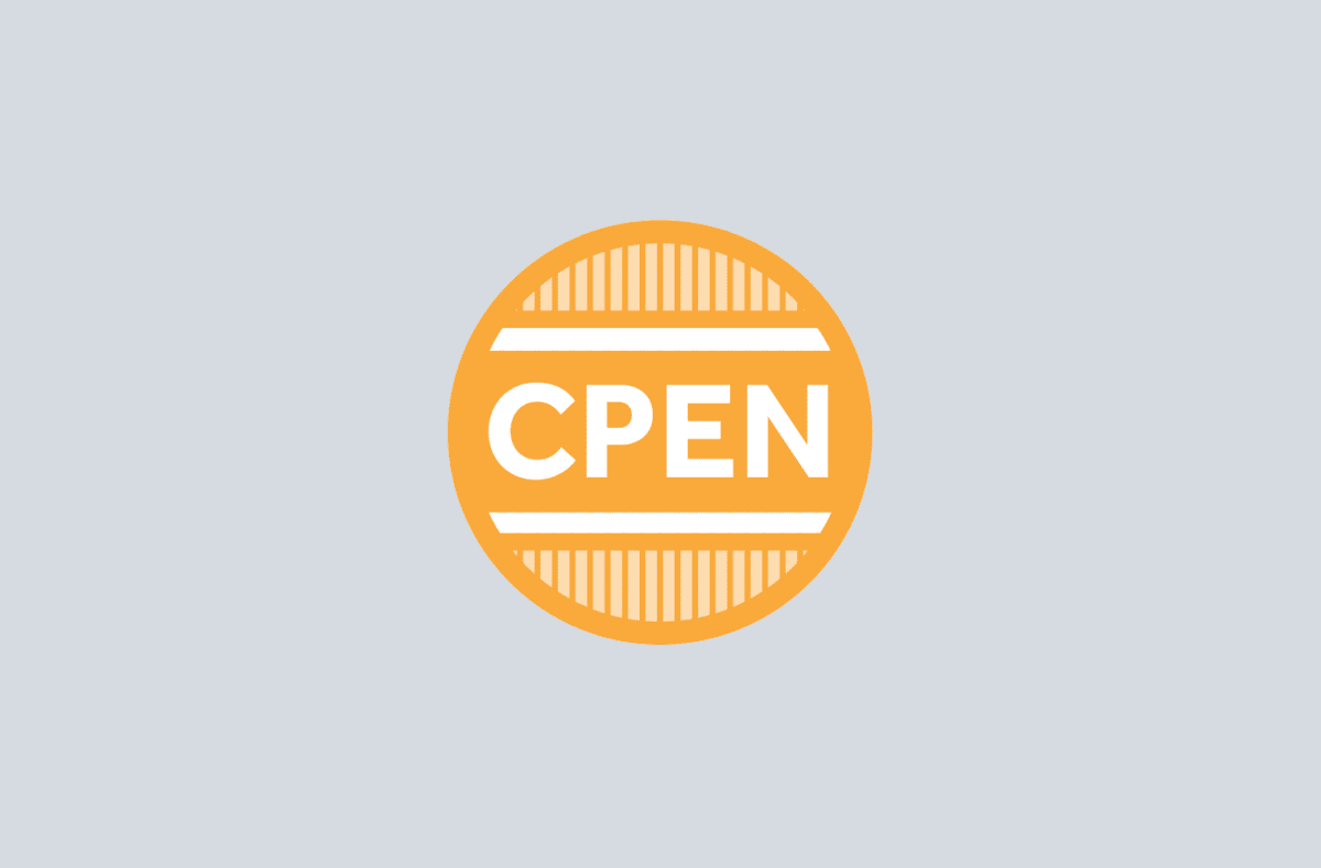 A circular orange badge with the white capital letters "CPEN" in the center, set against a light gray background.