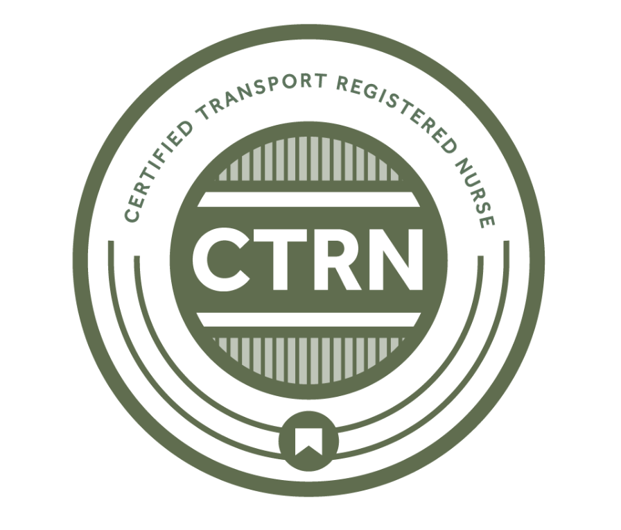 Circular badge with the text “CERTIFIED TRANSPORT REGISTERED NURSE” and the abbreviation “CTRN” in the center, along with a small ribbon icon at the bottom.