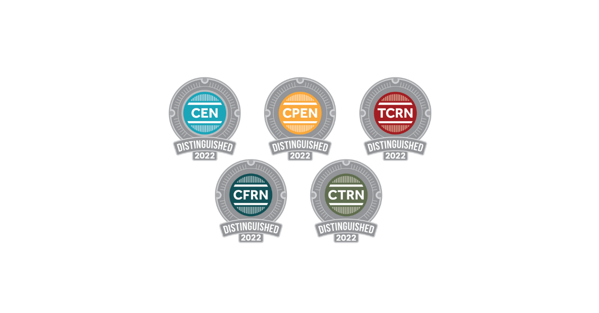 Five circular 2022 Distinguished badges for CEN, CPEN, TCRN, CFRN, and CTRN certifications, each in a different color, displayed on a white background.