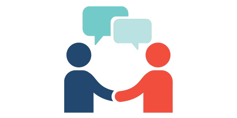Two illustrated figures, one blue and one red, are shaking hands with speech bubbles above them, suggesting communication or agreement.