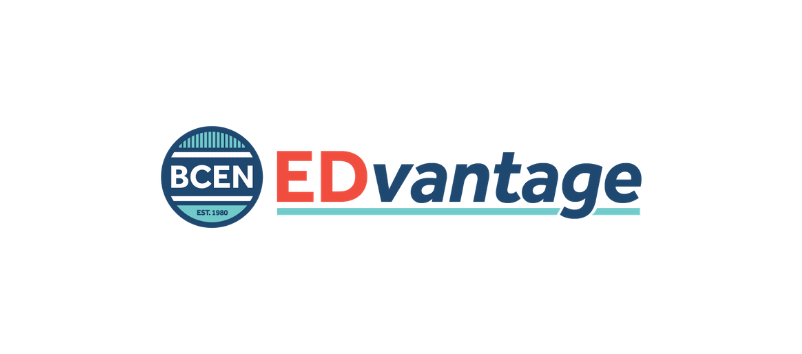 Logo with a blue circle on the left containing "BCEN EST. 1980" and the text "EDvantage" to the right, with "ED" in red and "vantage" in blue above a teal line.