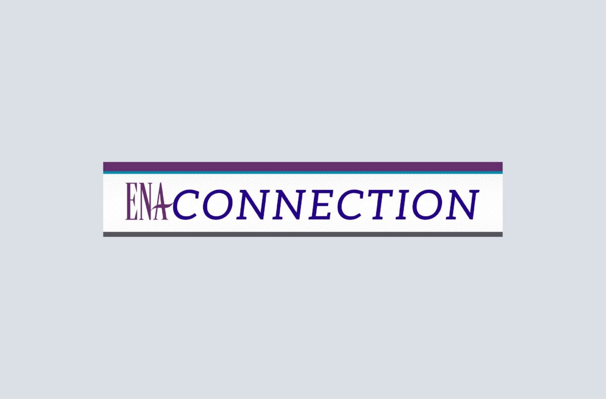 Rectangular banner with the text "ENA CONNECTION" in purple and dark gray on a light gray background with a purple and green stripe above the text.