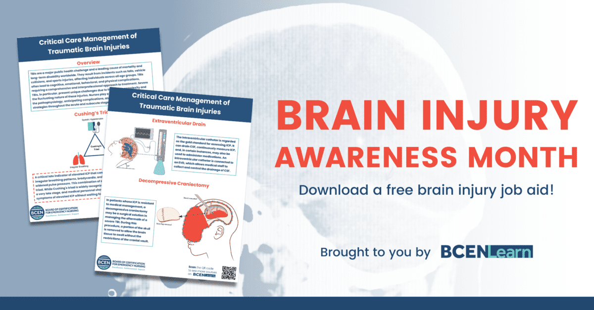 Informational graphic promoting Brain Injury Awareness Month, featuring brain images, job aid flyers on traumatic brain injuries, and text about downloading a free resource from BCEN Learn.