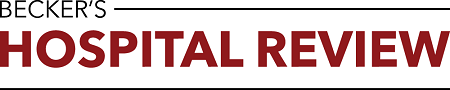 Logo for Becker's Hospital Review, with "Becker's" in black text and "Hospital Review" in large, bold, red letters, separated by a horizontal black line.