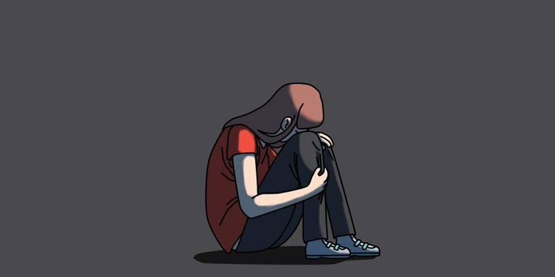Illustration of a person sitting on the floor with knees drawn to chest, head down, and arms wrapped around legs, against a plain dark background.