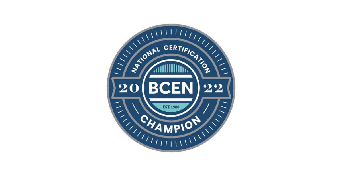 Circular badge reads "BCEN National Certification Champion 2022" with "Est. 1980" in center, against a white background.