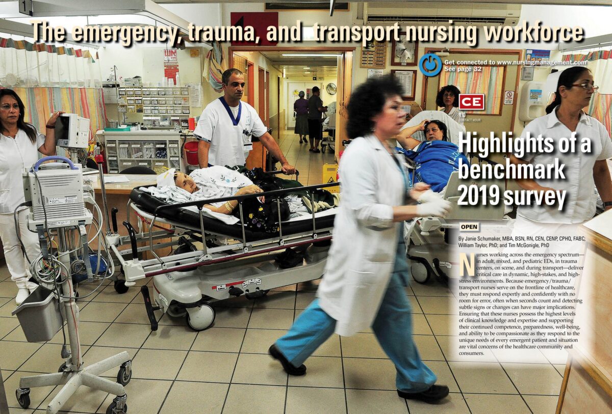 Hospital staff in scrubs move patients on stretchers and equipment through a busy emergency room corridor. Text overlays highlight a nursing workforce survey.