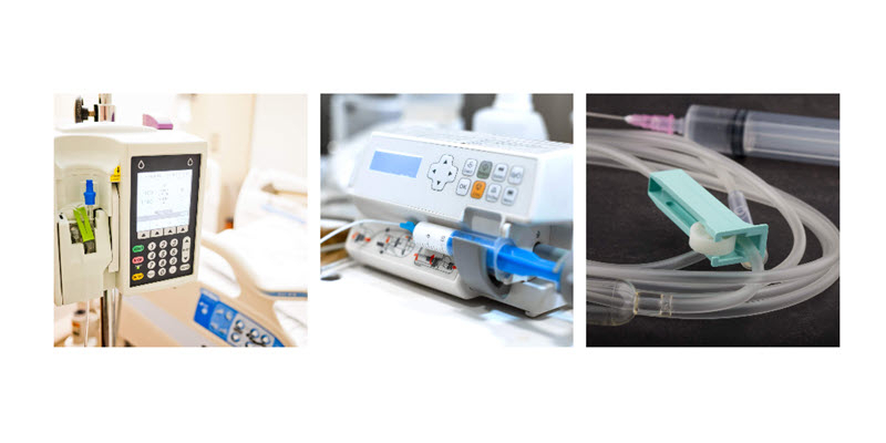 Three different intravenous (IV) infusion pumps and tubing sets are shown, used for delivering fluids and medications to patients in medical settings.